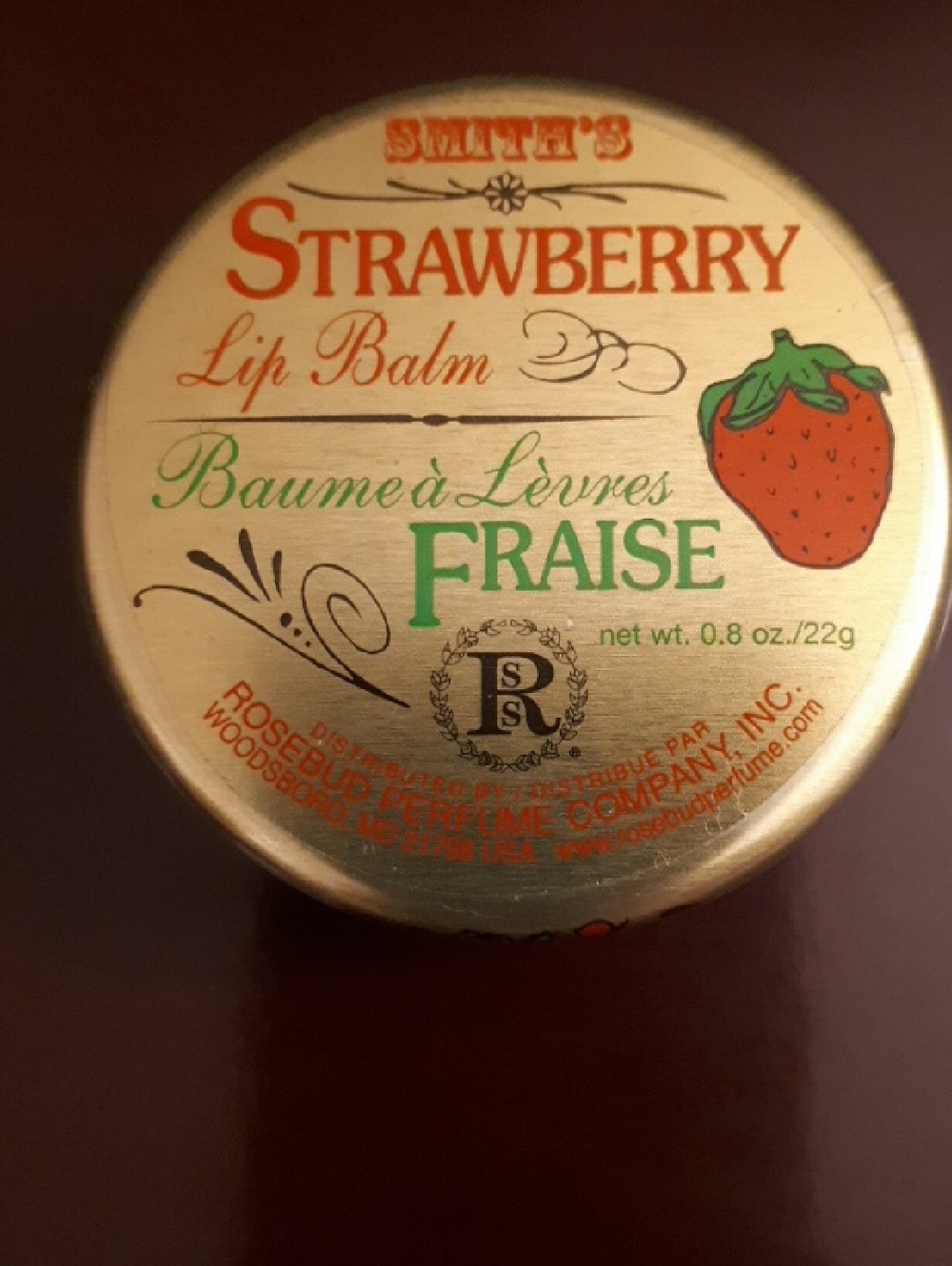 SMITH Strawberry Lip Balm - Gold Tin with Green & Red Accents